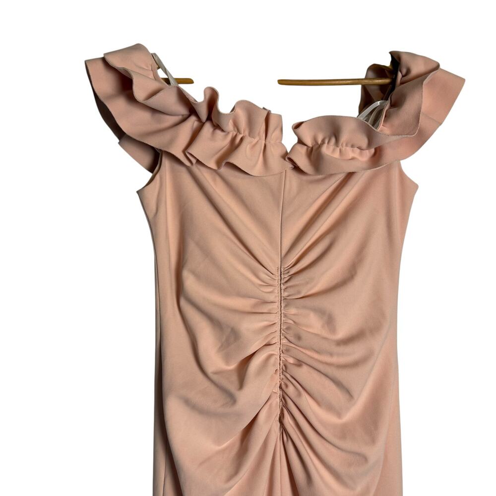 Xscape Blush Pink Long Stretch Scuba Crepe Ruffled Ruched Slit Formal Dress 14 - Picture 7 of 10